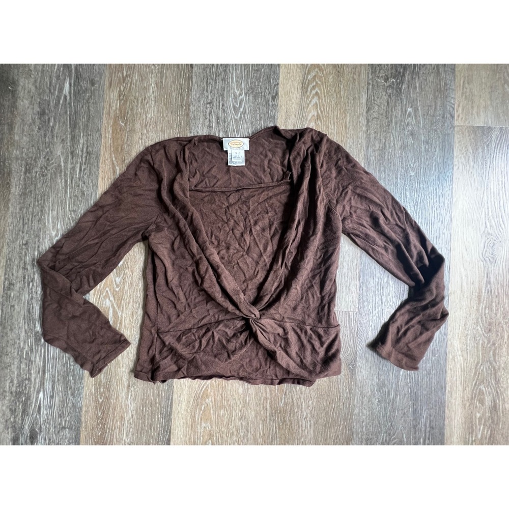 Talbots Knit Top Women Medium Brown Silk Blend Twist Front Long Sleeve Surplice
